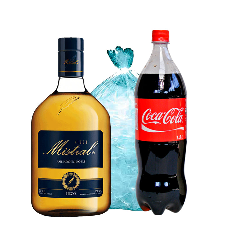 Pisco Mistral 750ml + Coca Cola 1.5L + Hielo 1Kg