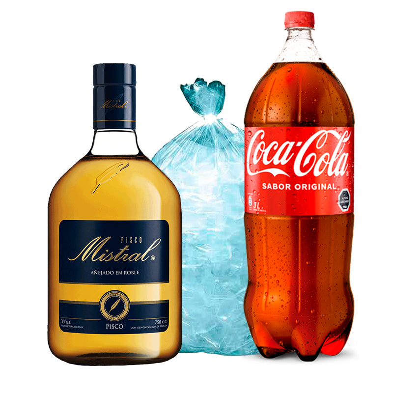 Pisco Mistral 1L + Coca Cola 3L + Hielo 1Kg